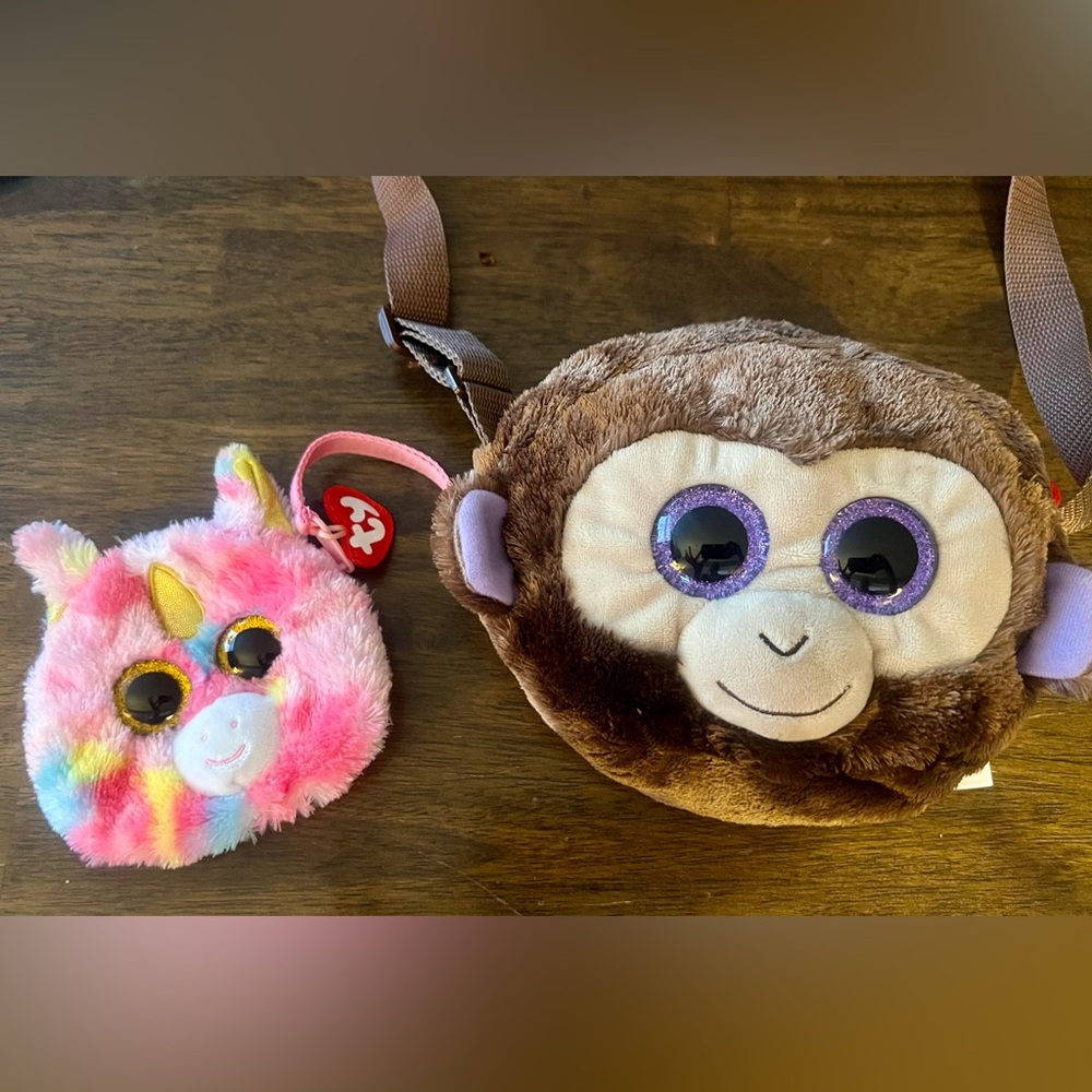 EUC Set of Ty Plush Monkey “Coconut” Purse & Pink Unicorn “Fantasia” Coin Purse